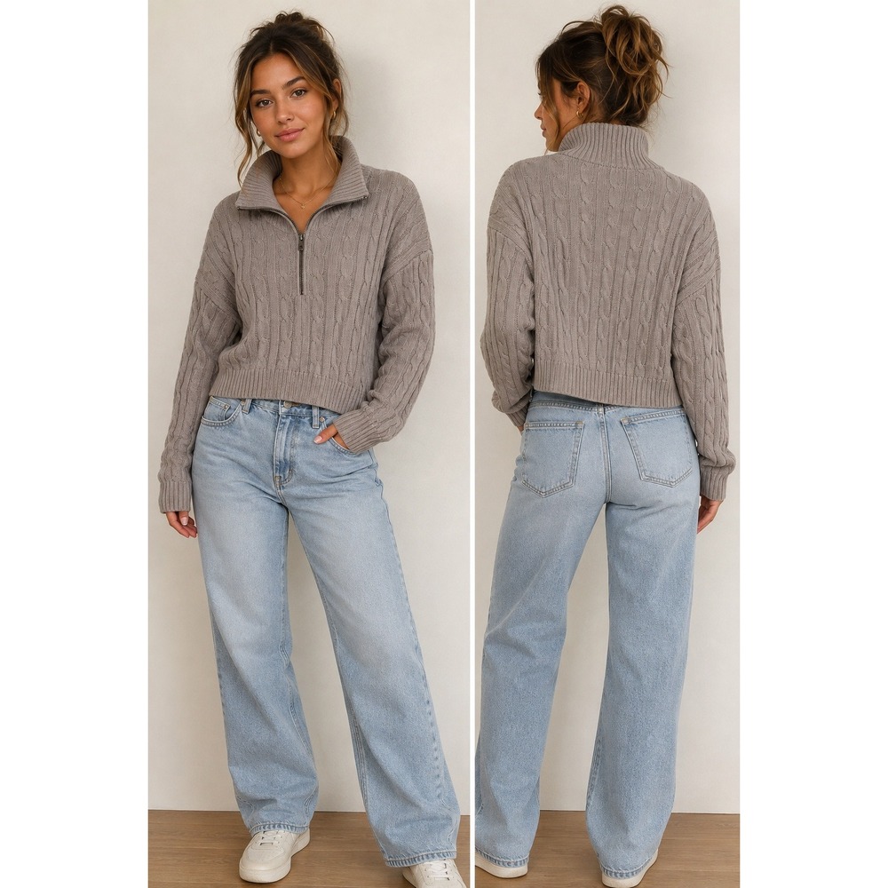 Hollister Cable Knit Quarter Zip Sweater Womens Small Taupe Cropped Pullover Y2K